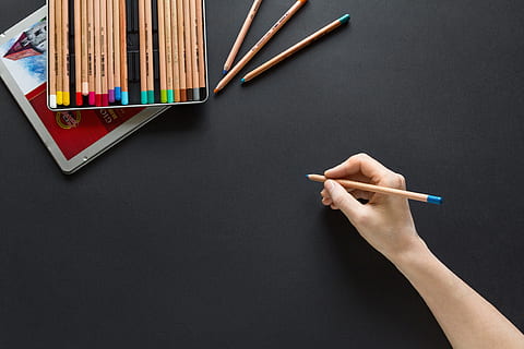person holding color pencil on black panel, case, colored, art HD wallpaper