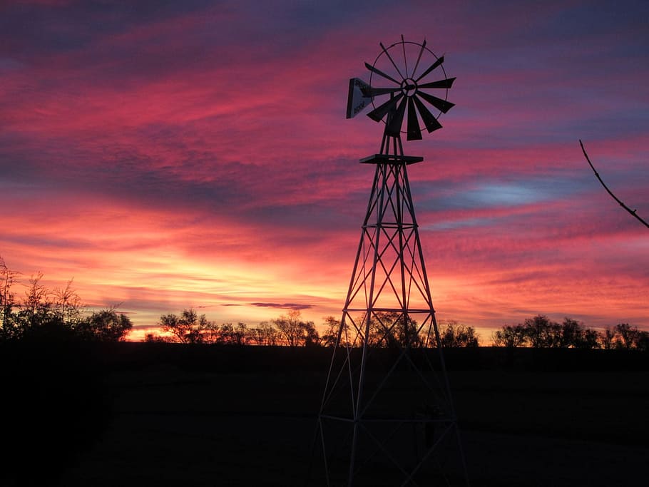 sunrise, windmill, rural, sky, sunset, fuel and power generation HD wallpaper