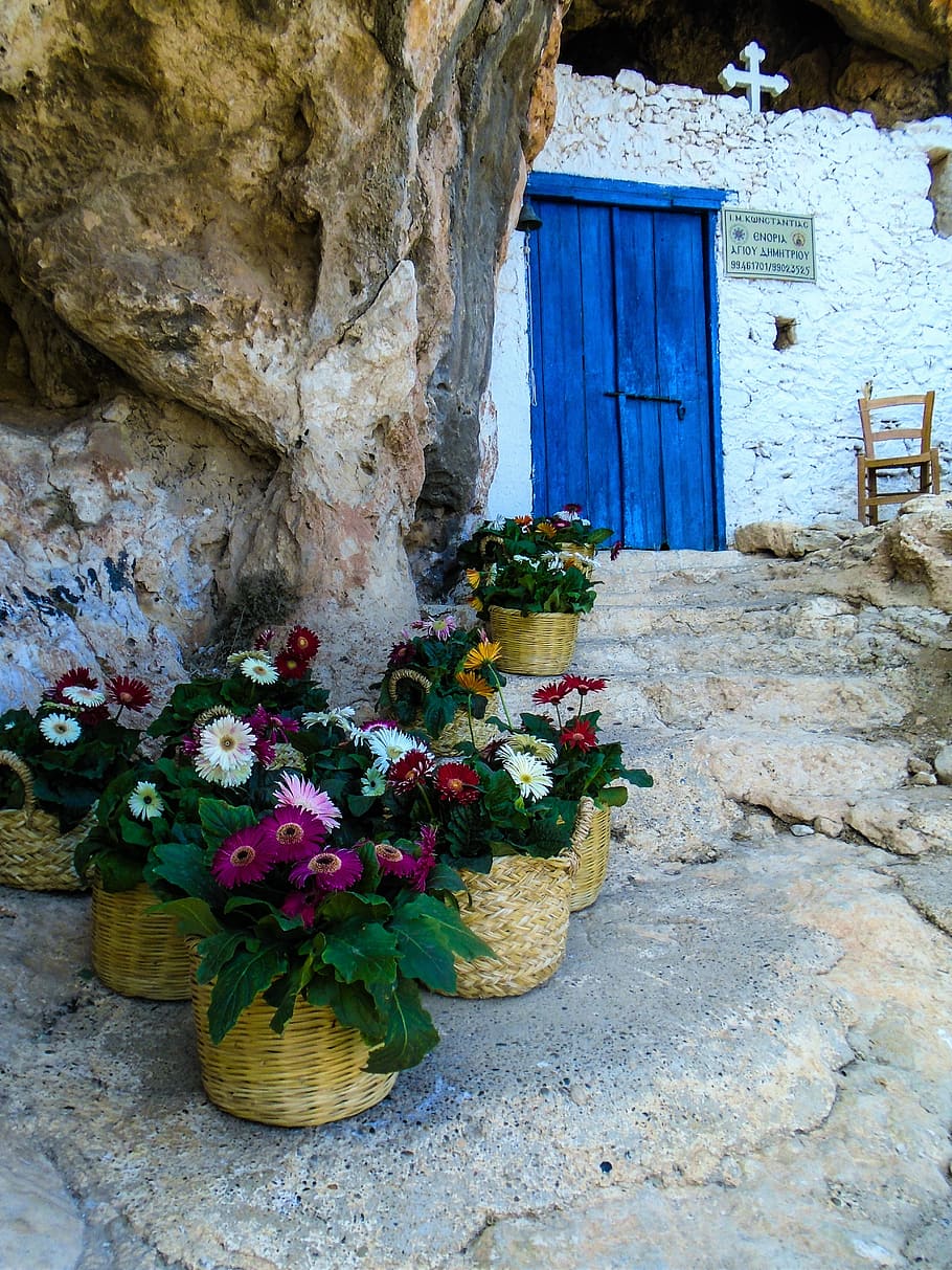 cyprus, church, inside a cave, village, house, flower, architecture, HD wallpaper