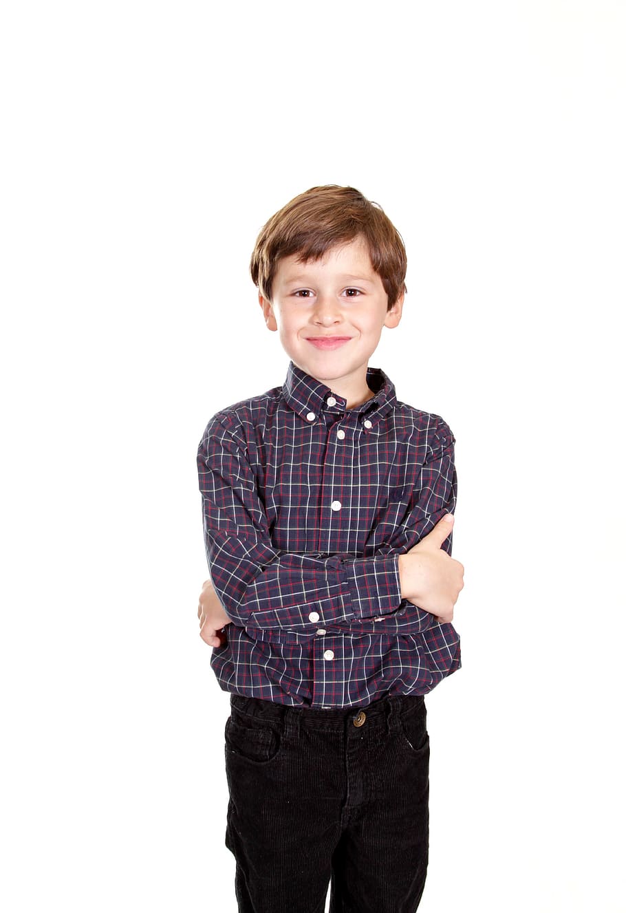 boy wearing black, white, and red flannel shirt, blond, child HD wallpaper