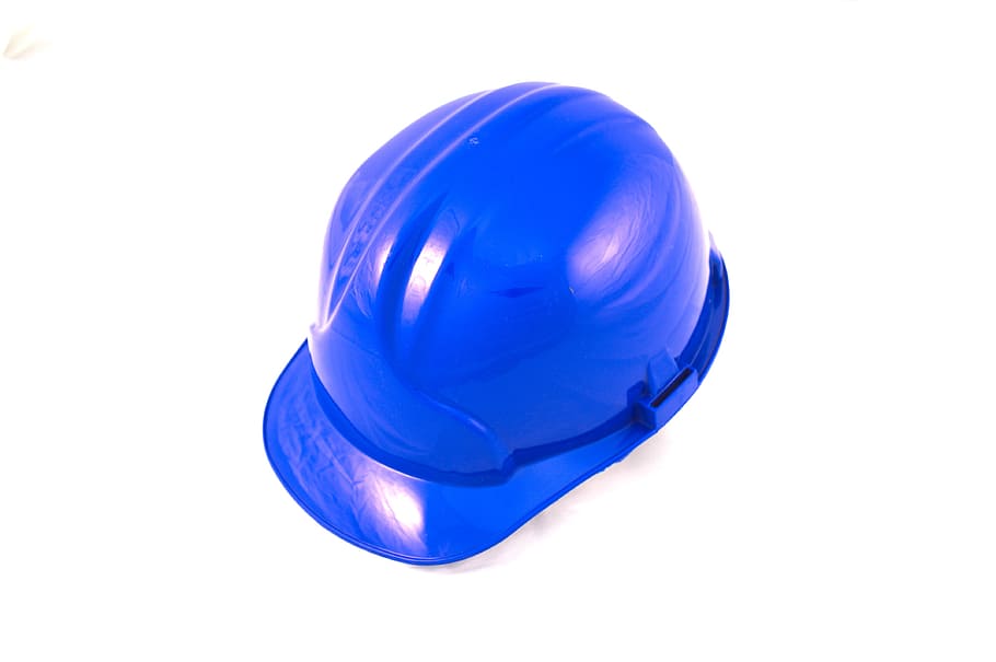 blue hard hat on white background, work, helmet, industry, safety, HD wallpaper