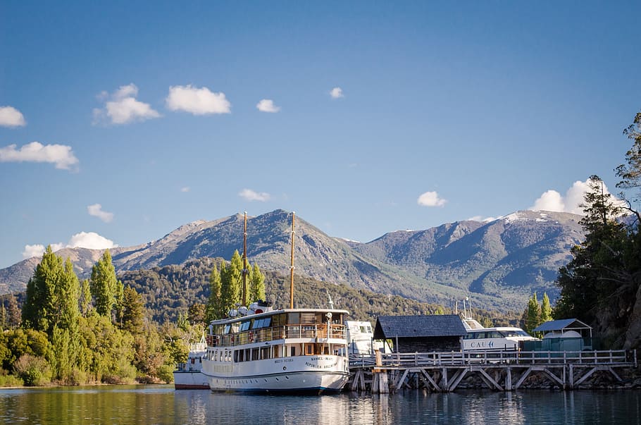 landscape, mountains, sky, nature, blue, clouds, port, boat HD wallpaper