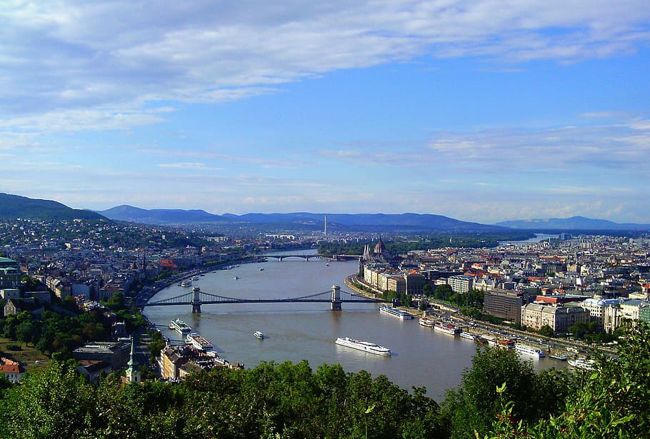 bird's-eye view of bridge under cloudy sky, budapest, summer HD wallpaper