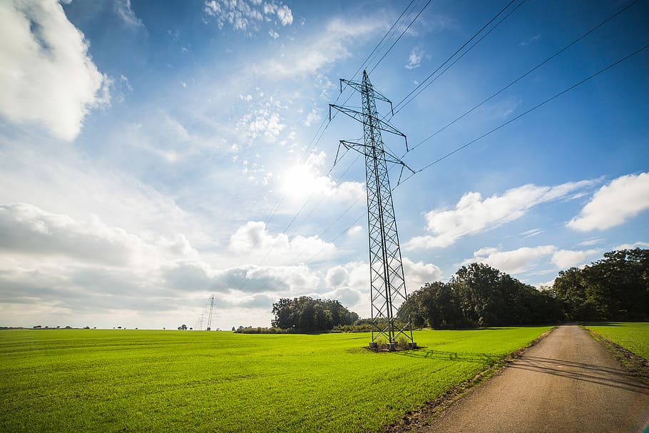 Road Under Power Line Electricity Pylons, clouds, eco, ecology, HD wallpaper