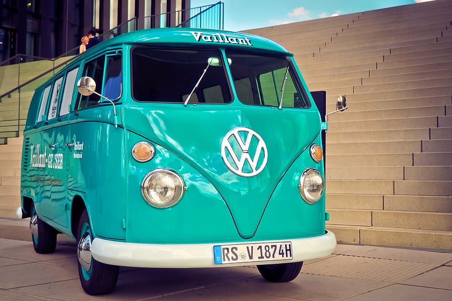 teal Volkswagen Samba van, vw, bus, t1, vw bus, old, auto, vehicle