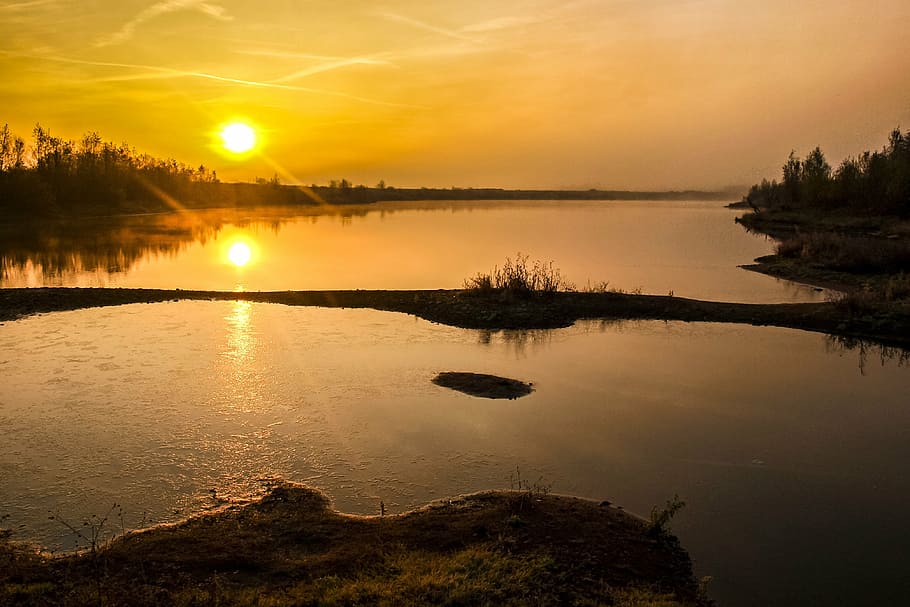 landscape, pond, twilight, sun, water, reflection, sky, sunset HD wallpaper
