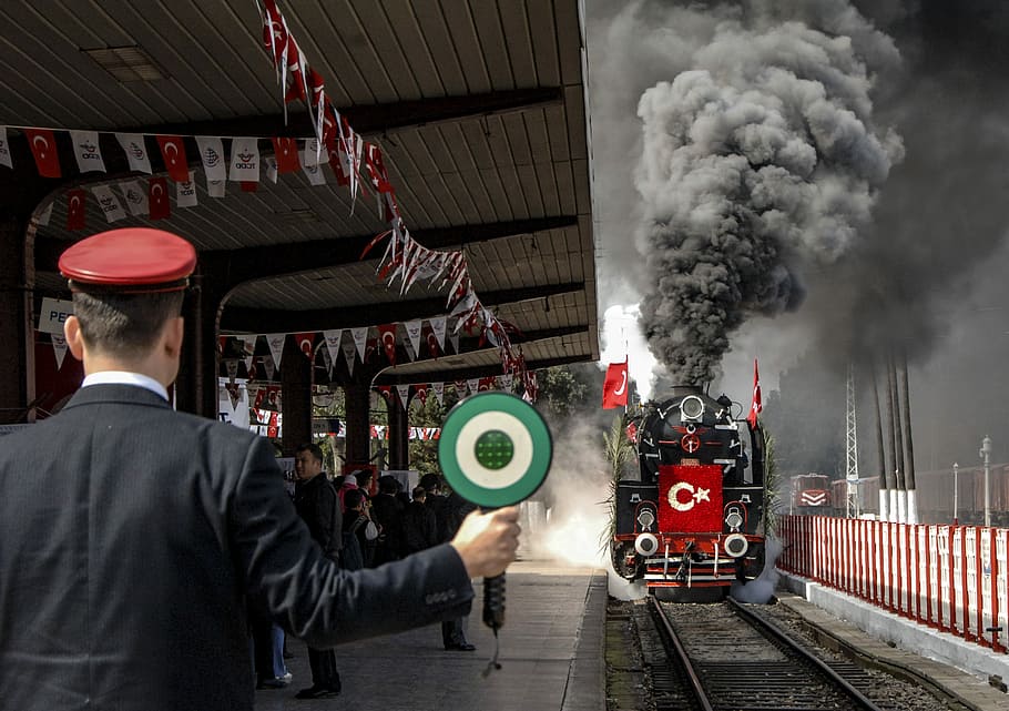 man signaling the train, steam, stop, warden, steam train, smoke - physical structure HD wallpaper