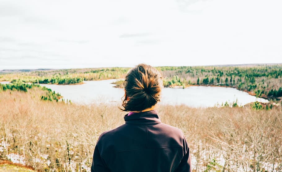 woman facing body of water, untitled, brown, jacket, lake, daytime HD wallpaper