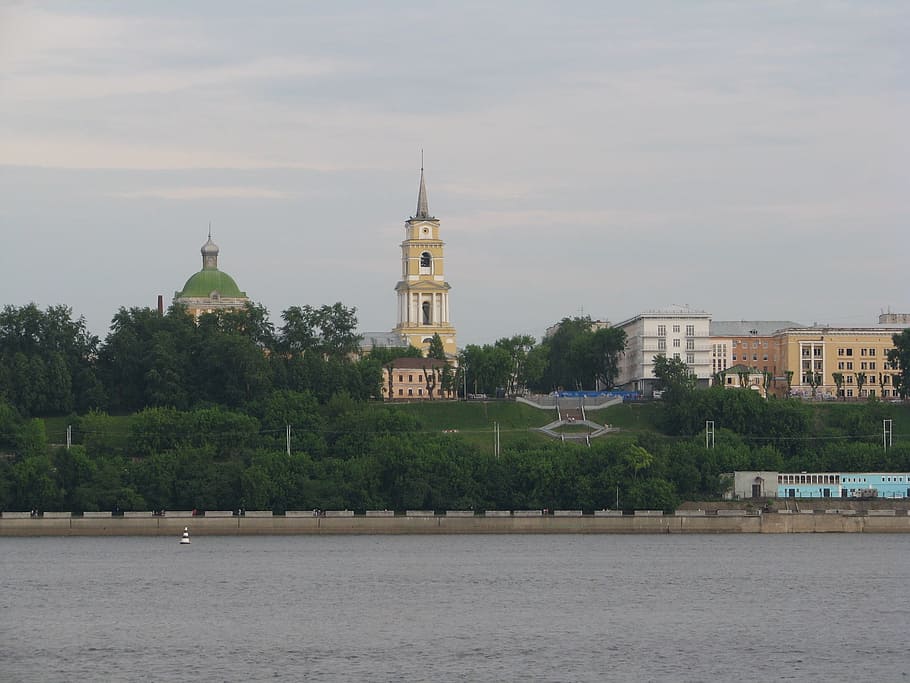 quay, the river kama, temple, cathedral, summer, spire, perm krai