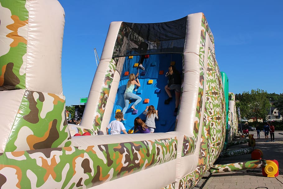 obstacle course, blue sky, children, architecture, nature, day HD wallpaper