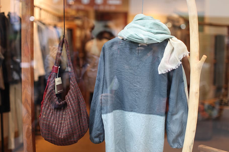 hanged gray and white long-sleeved shirt, brown hobo bag and mint-green scarf inside glass window store, HD wallpaper