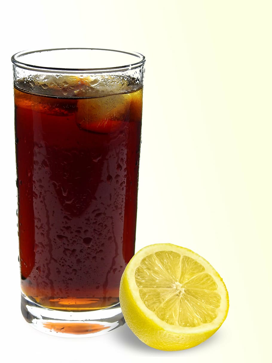 clear drinking glass near lemon slice, cola, refreshment, erfrischungsgetränk