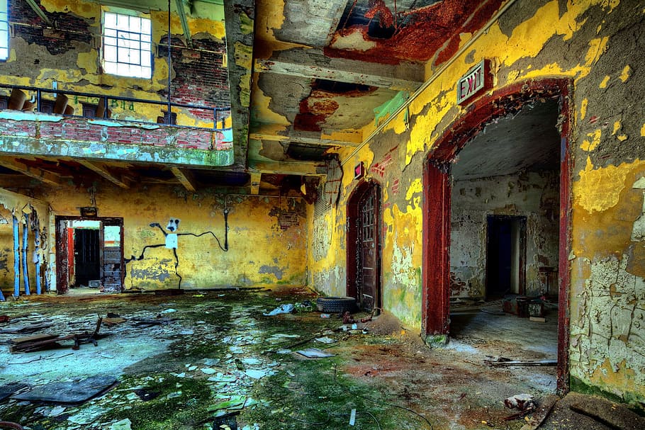 yellow and red concrete building, factory, abandoned, destroyed HD wallpaper