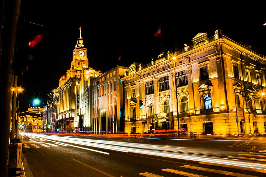 timelapse photo of city alley, clock tower, city night, building HD wallpaper