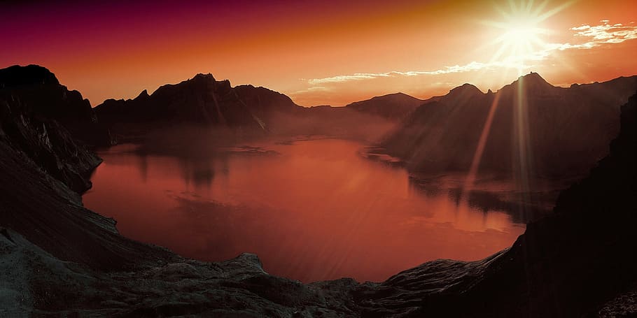 body of water under white sky, sunset, lake, mountain, scenery HD wallpaper