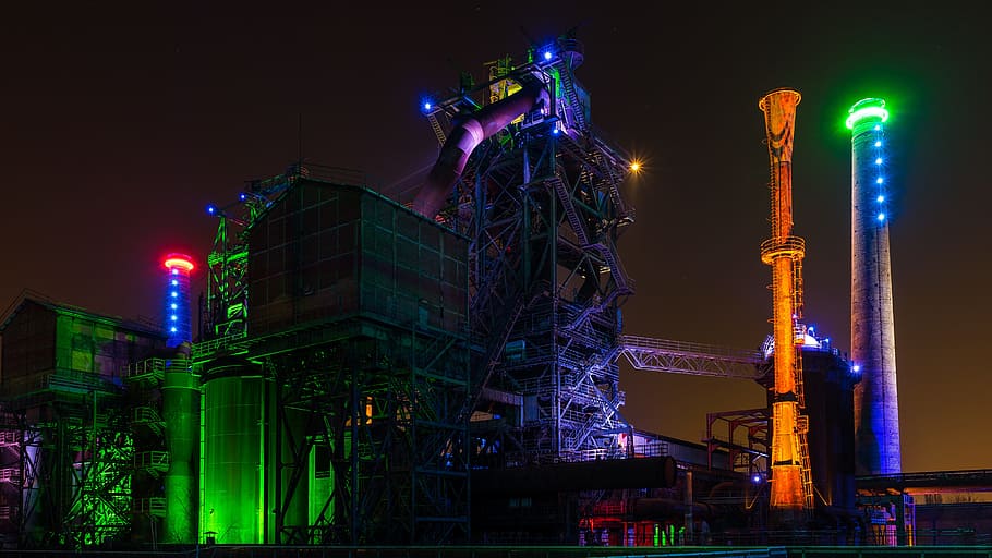 multicolored lighted Duisburg plant, landscape park, factory