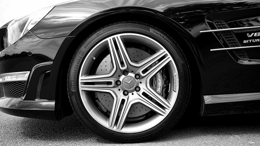 gray Mercedes-Benz 5-spoke vehicle wheel and tire display, alloy, HD wallpaper