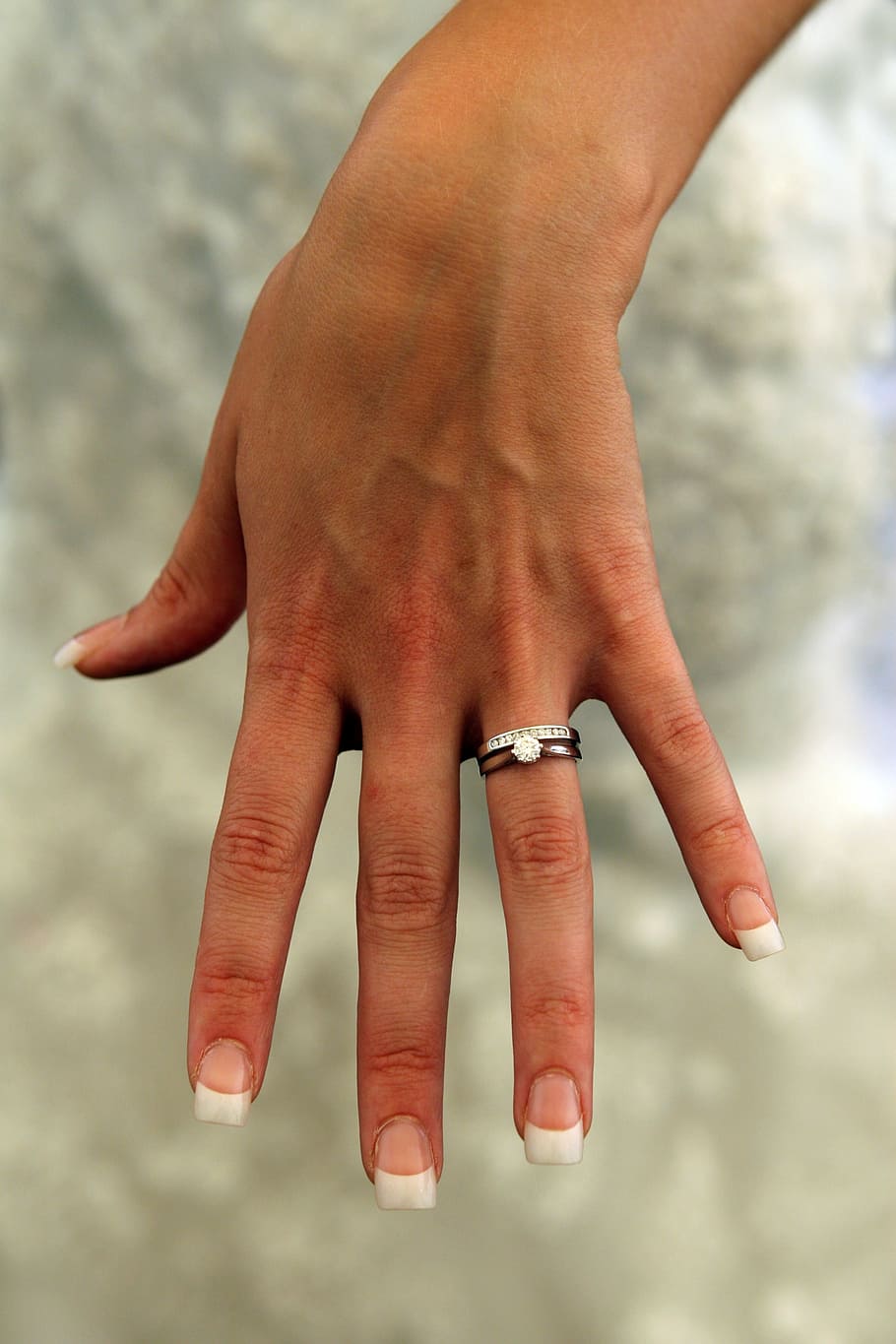 person wearing silver-colored bridal rings, affair, anniversary