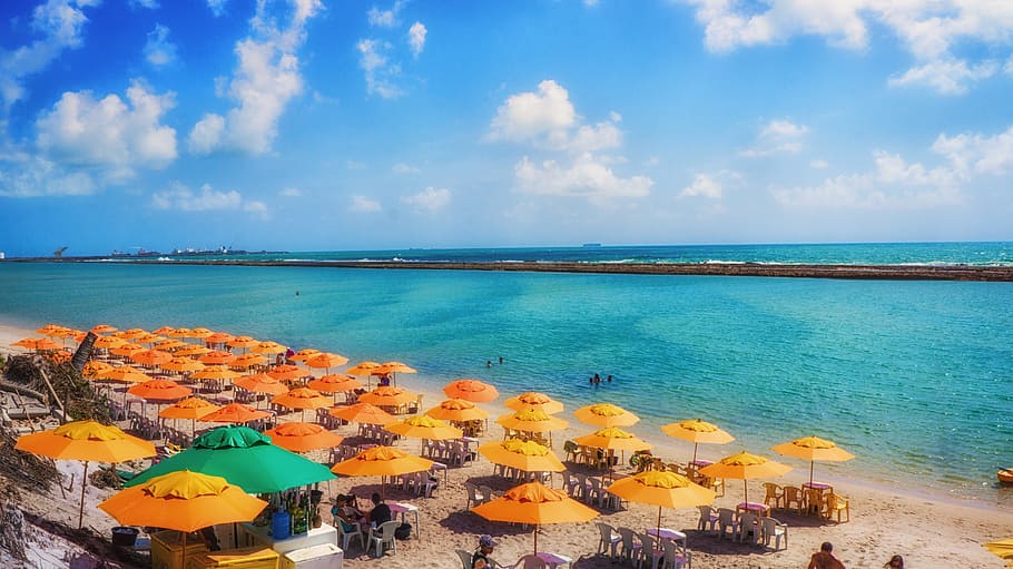 Beach, Ocean, Umbrella, Yellow, mar, sky, blue, green, reef, HD wallpaper