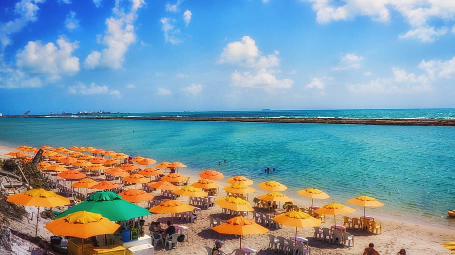 Beach, Ocean, Umbrella, Yellow, mar, sky, blue, green, reef HD wallpaper