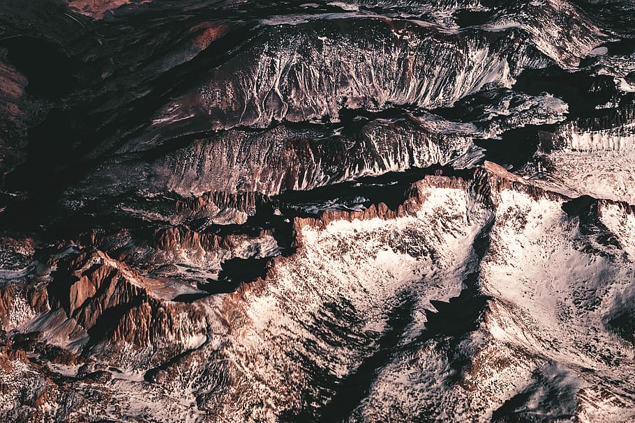 top view of rocky mountain, brown mountains, mountain range, cliff HD wallpaper
