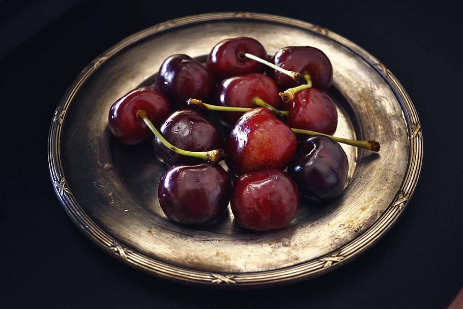 plate of red cherries, cherry, fruit, sweet, fresh, healthy HD wallpaper
