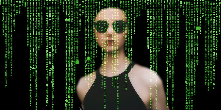 woman wearing black halterneck top, matrix, communication, software