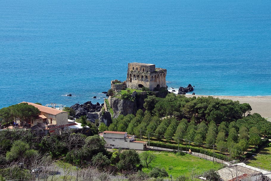 praia a mare, calabria, watchtower, ruins, castle, italy, landscape, HD wallpaper
