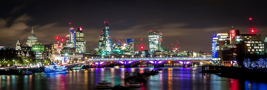 white and black buildings near body of water, london, night, lights