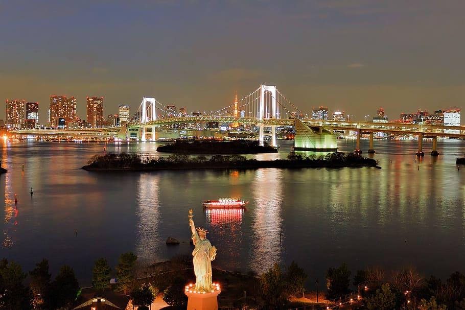 tokyo, bridge, rainbow bridge, japan, skyline, odaiba, statue of liberty, HD wallpaper