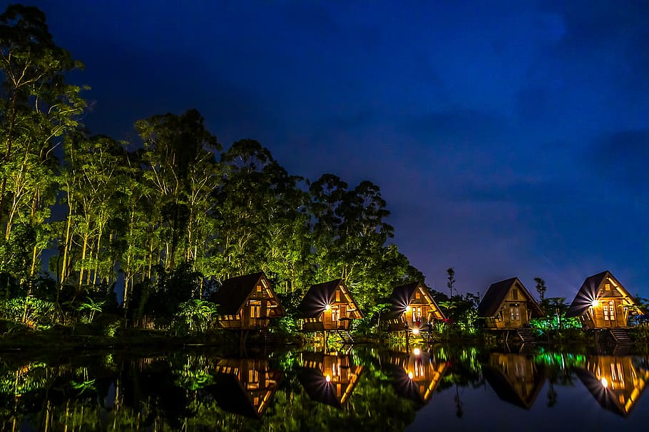 dark, huts, lake, lights, nature, night, reflection, river HD wallpaper