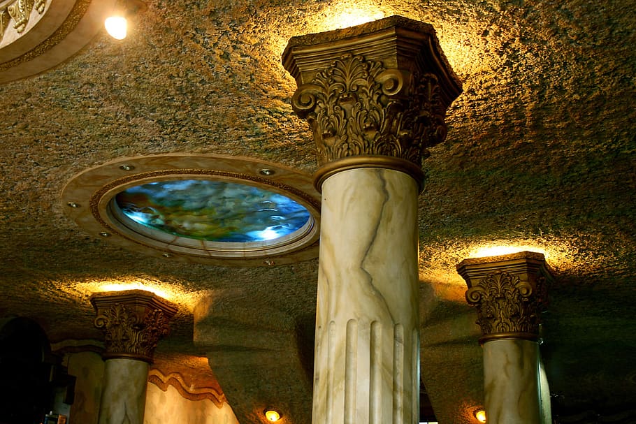 columns, pillars, architecture, art, religion, low angle view HD wallpaper