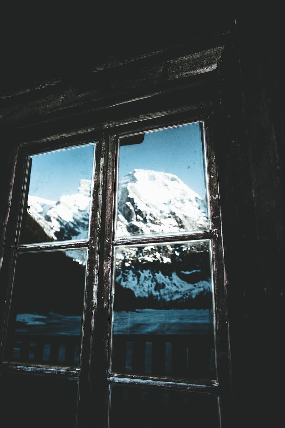 snowy mountain viewed on black framed window, ice, landscape HD wallpaper