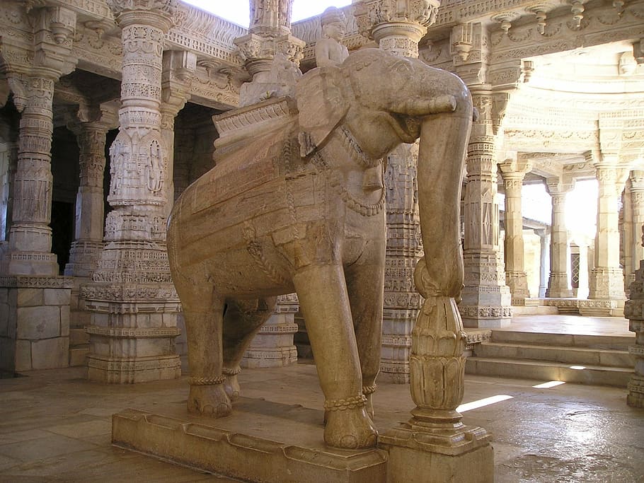 brown concrete elephant statue inside the temple, india, marble HD wallpaper