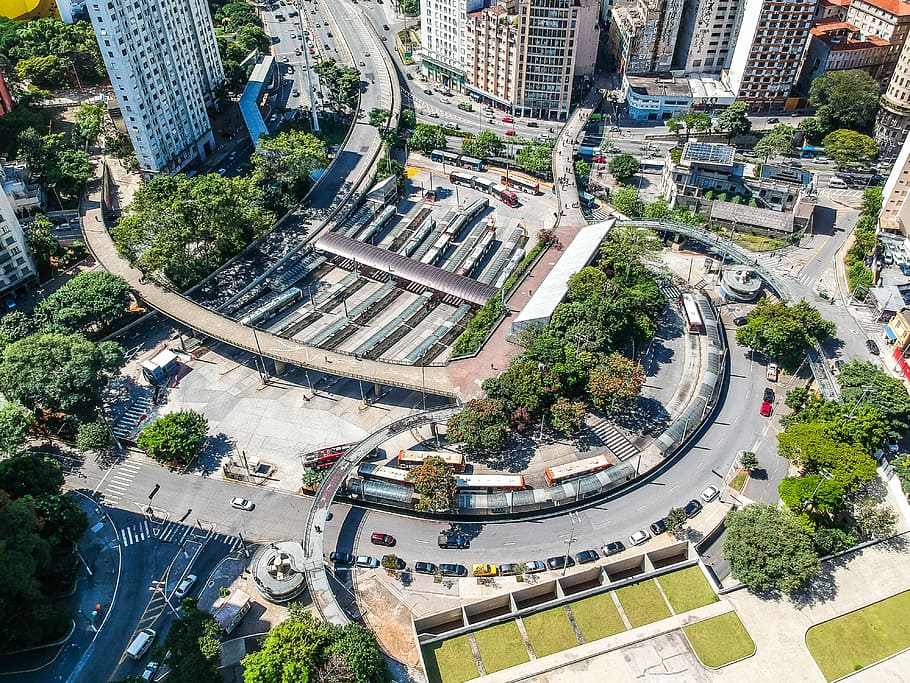 aeriel photo of gray concrete buildings during daytime, aerial view of trees and buildings HD wallpaper