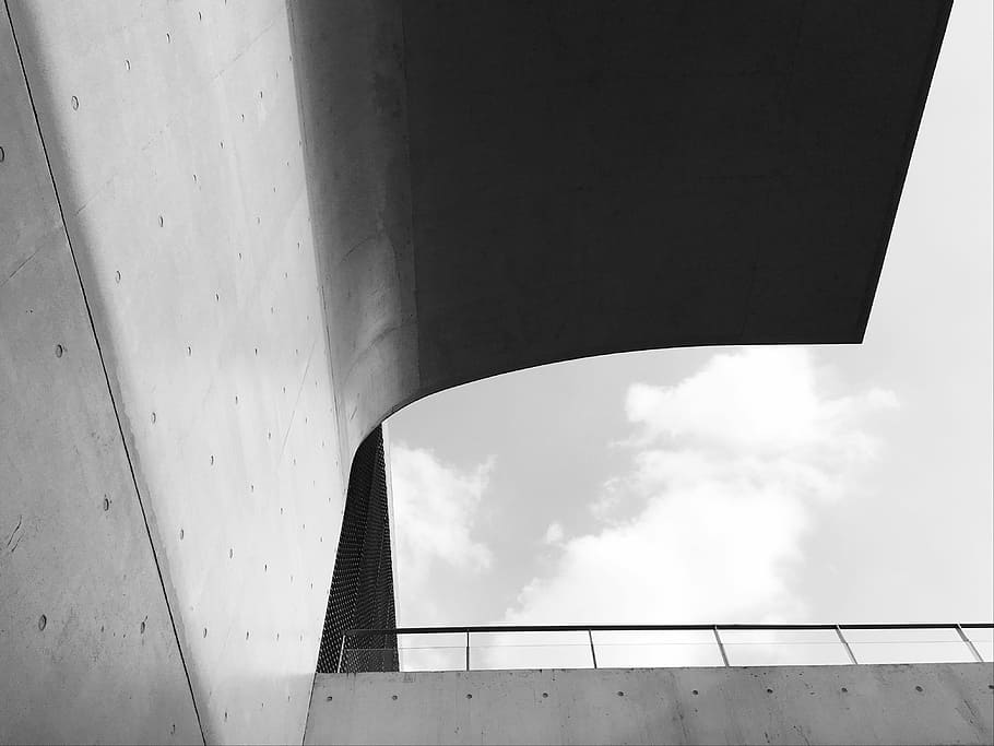 grayscale photo of building, angles, metal, abstract, railing HD wallpaper
