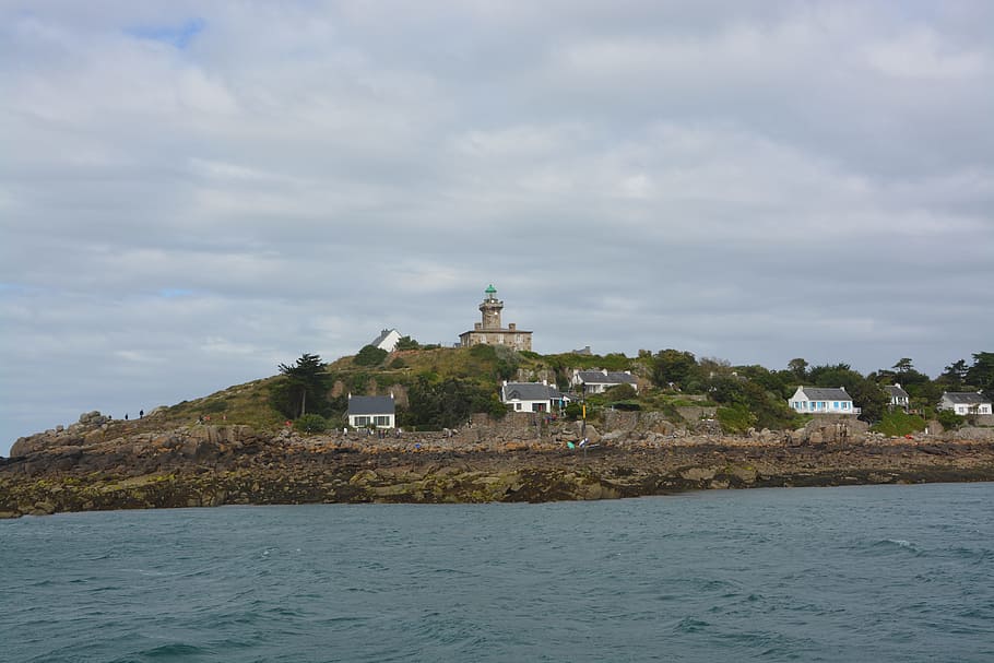 chausey islands, view, semaphore, normandy, sea high, cloudy sky, HD wallpaper