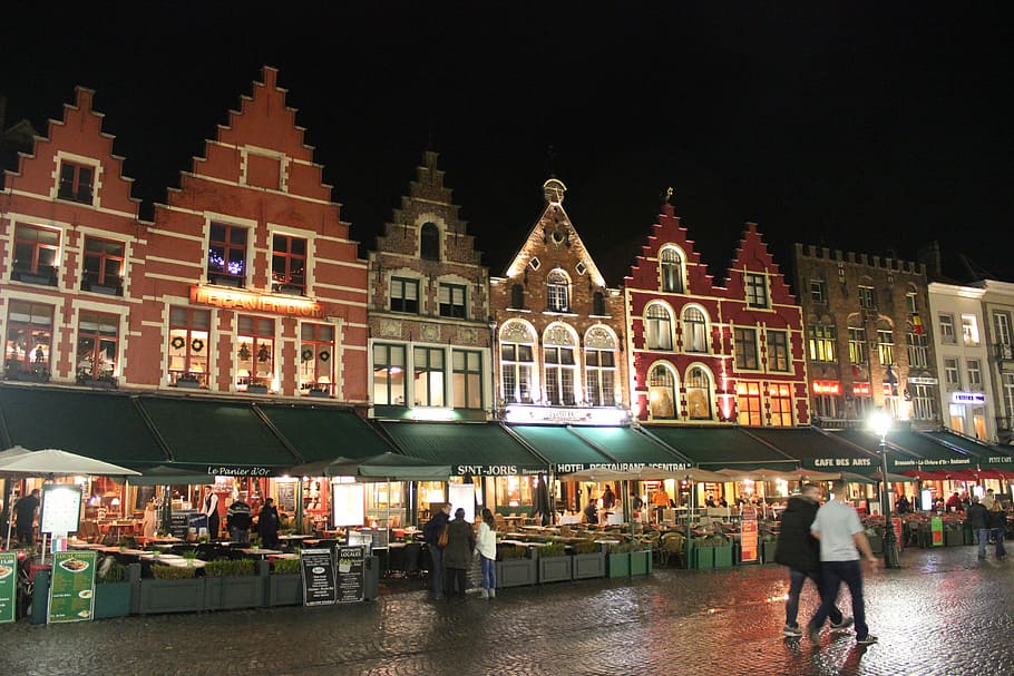 belgium, brussels, pubs, bars, street, people, night, building exterior HD wallpaper