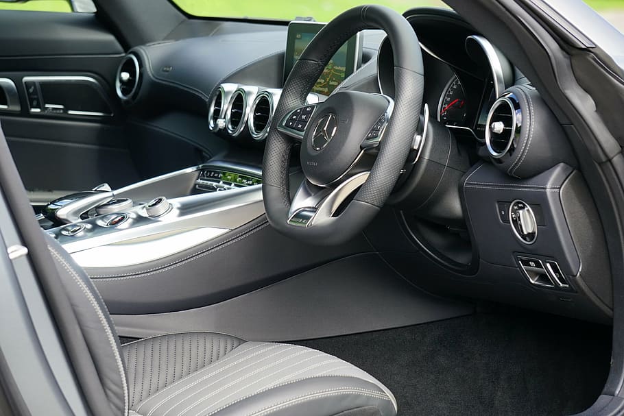black Mercedes-Benz vehicle interior, car, amg gt, transport, HD wallpaper