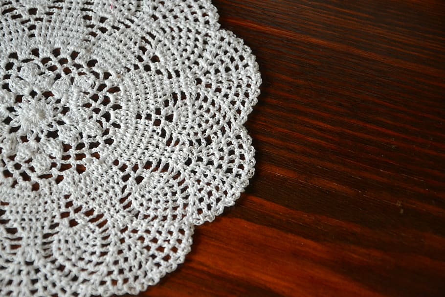 white knitted dishcloth on brown surface, doily, tablecloth HD wallpaper