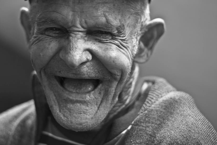 Grayscale Photo of Laughing Old Man, adult, black-and-white, close-up