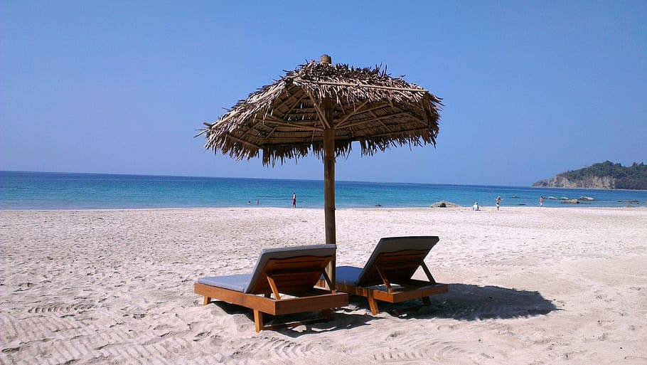 brown nipa patio umbrella, myanmar, solitude, ocean, sea, beach, HD wallpaper