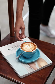 Cappuccino and magazine, blue, cafe, caffe latte, caffelatte HD wallpaper