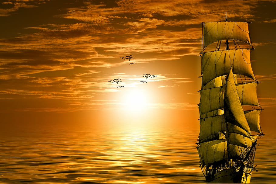 sail ship on water during golden hour, sun, gulls, lake, boot