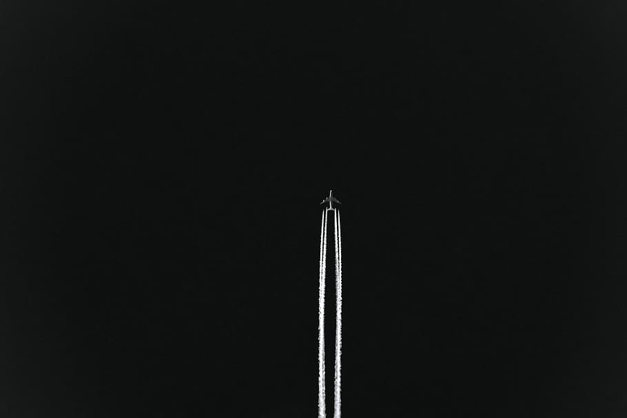 airplane with white smoke, untitled, aircraft, night, dark, air vehicle, HD wallpaper