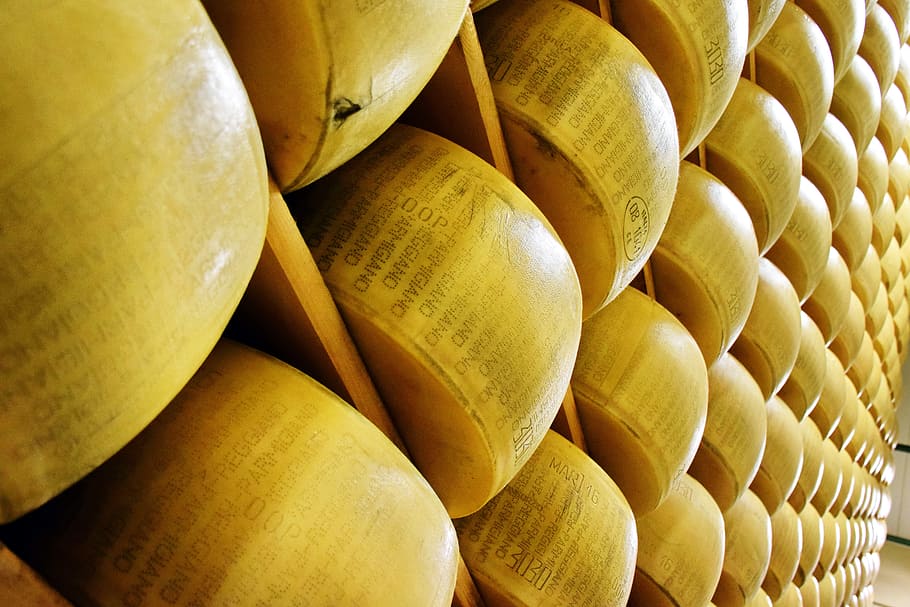 roll of cheese on shelving, parmigiano reggiano, italy, italian