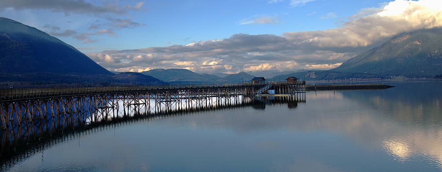lake, landscape, outdoors, panoramic, pier, reflection, river HD wallpaper