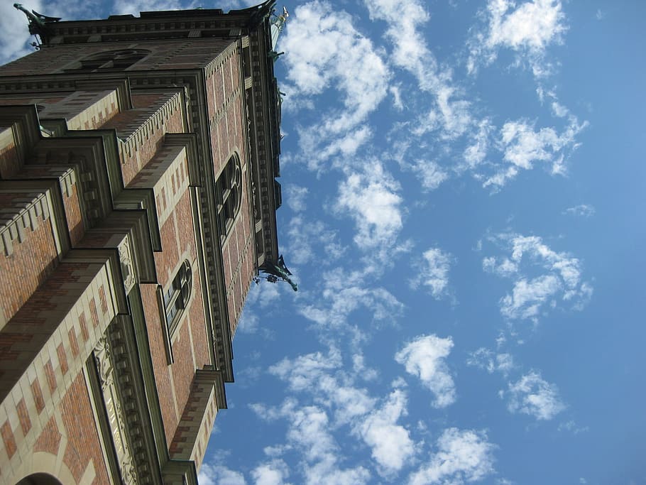 Stockholm, Steeple, Clouds, Sun, sky, architecture, blue, building Exterior HD wallpaper