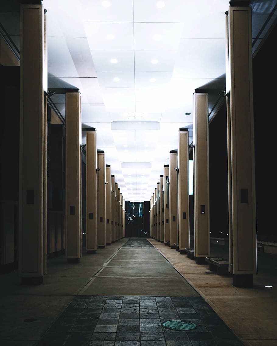 gray concrete hallway, narrow, pathway, architecture, building, HD wallpaper