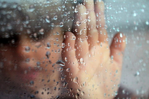 person touching clear glass, rainy window, hand, shadow, rainy day HD wallpaper
